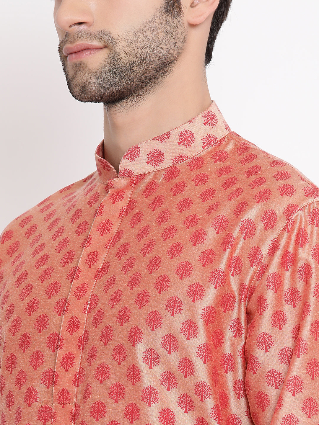 Vastramay Men's Peach Cotton Blend Kurta and Churidar Set