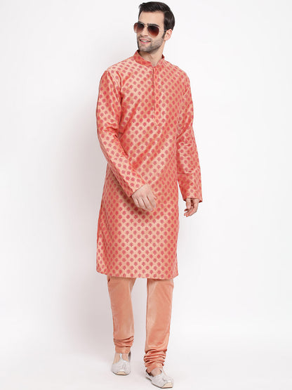 Vastramay Men's Peach Cotton Blend Kurta and Churidar Set