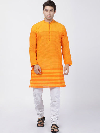 Vastramay Men's Orange Pure Cotton Kurta and Churidar Set