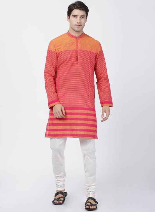 Vastramay Men's Pink Pure Cotton Kurta and Churidar Set
