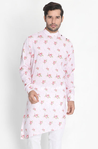 Vastramay Men's Pink Cotton Linen Blend Kurta