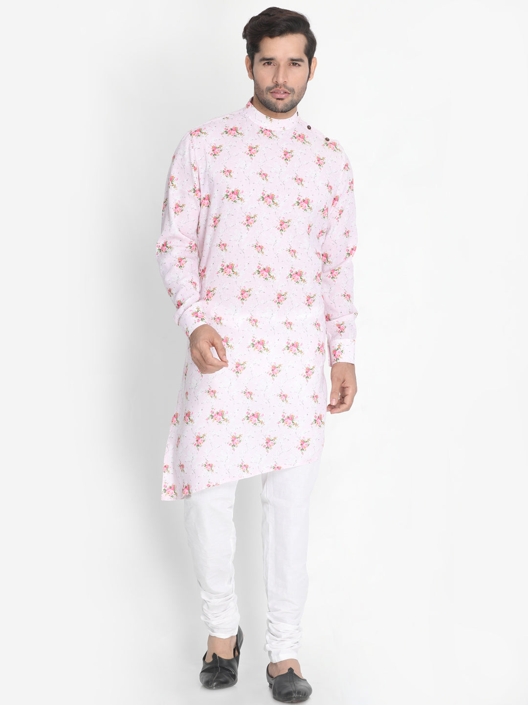 Vastramay Men's Pink Cotton Linen Blend Kurta