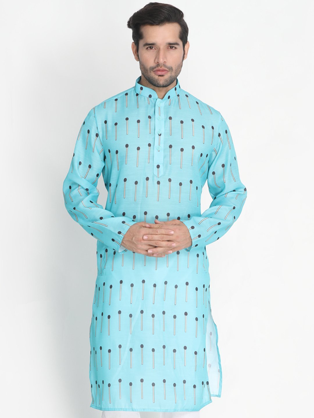 Vastramay Men's Light Blue Cotton Blend Kurta