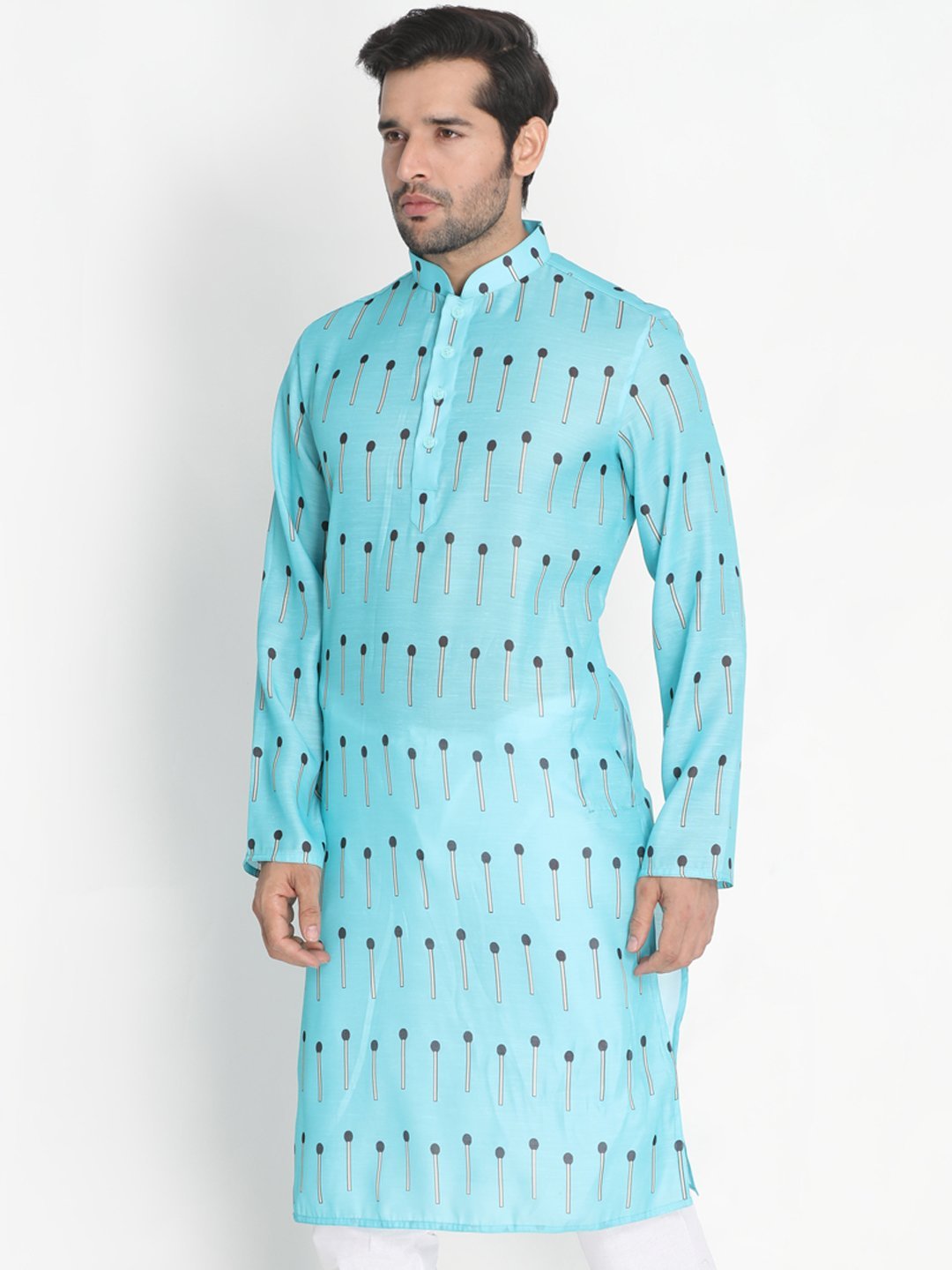 Vastramay Men's Light Blue Cotton Blend Kurta