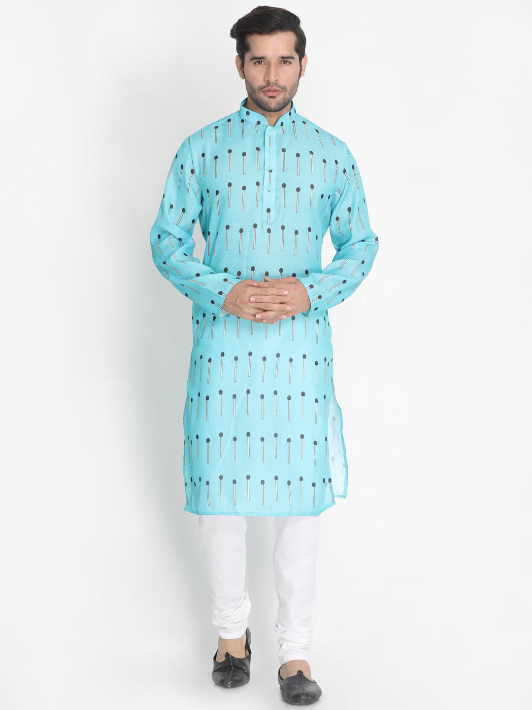 Vastramay Men's Light Blue Cotton Blend Kurta