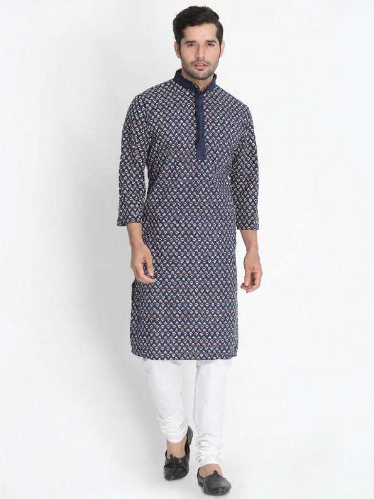 Vastramay Men's Blue Cotton Blend Kurta