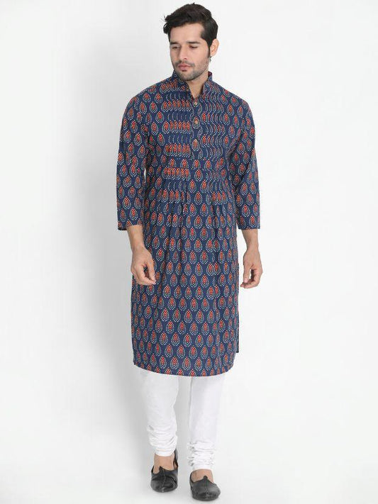 Vastramay Men's Dark Blue Cotton Blend Kurta and Churidar Set