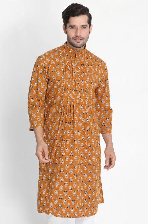 Vastramay Men's Yellow Cotton Blend Kurta