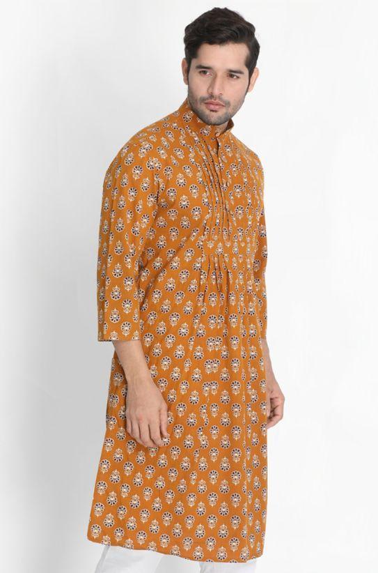 Vastramay Men's Yellow Cotton Blend Kurta