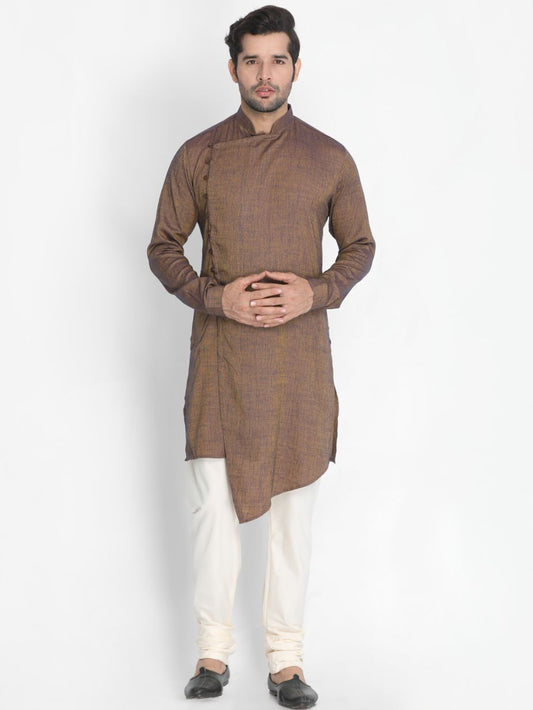 Vastramay Men's Brown Cotton Blend Kurta and Pyjama Set
