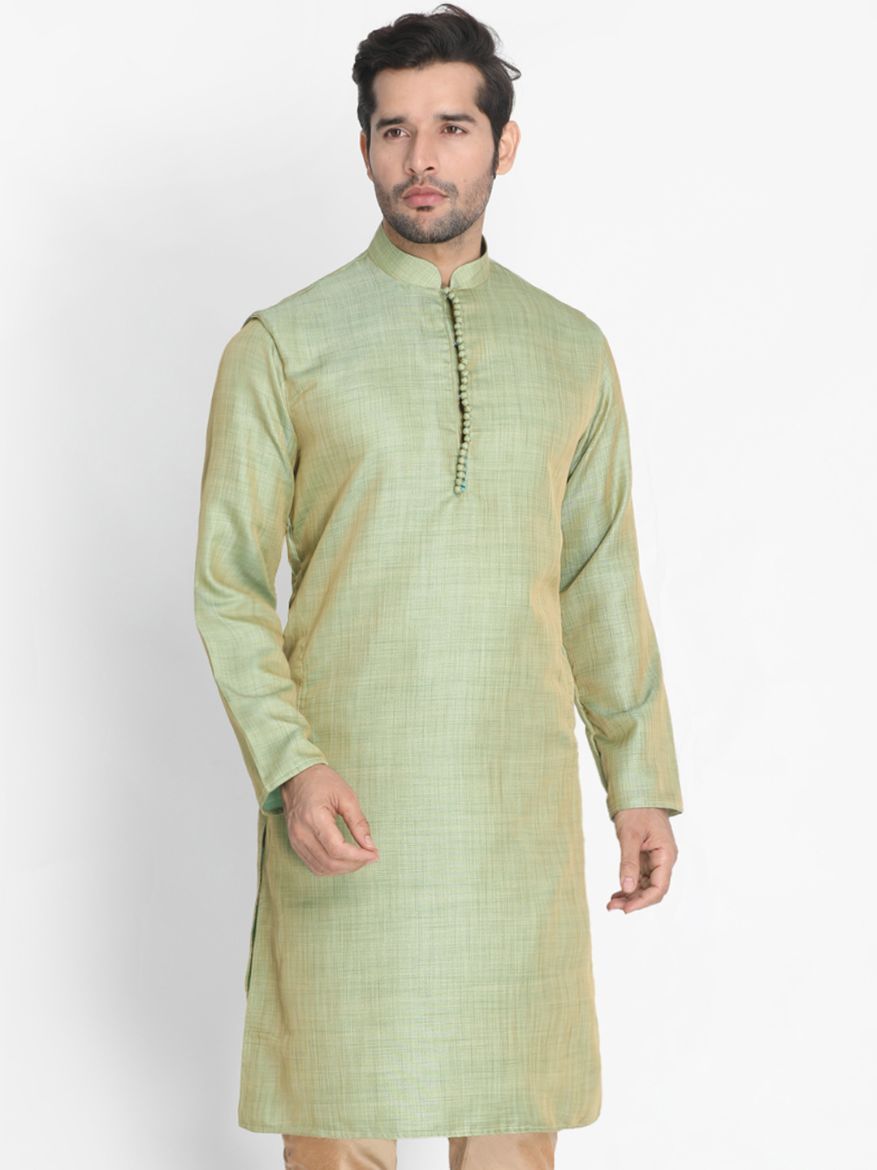 Vastramay Men's Mint Green Silk Blend Kurta