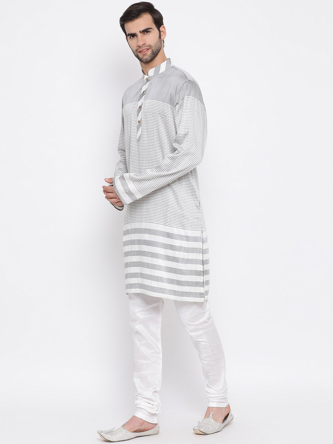 Vastramay Men's Grey Cotton Blend Kurta and Pyjama Set