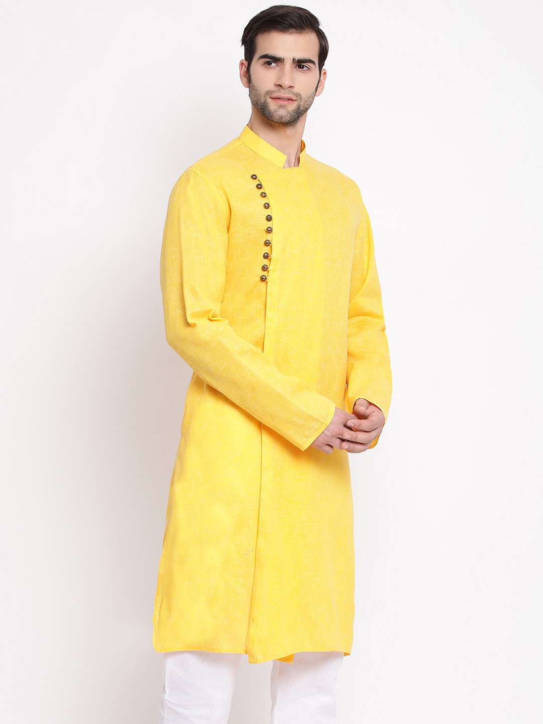 Vastramay Men's Yellow Mix Cotton Kurta