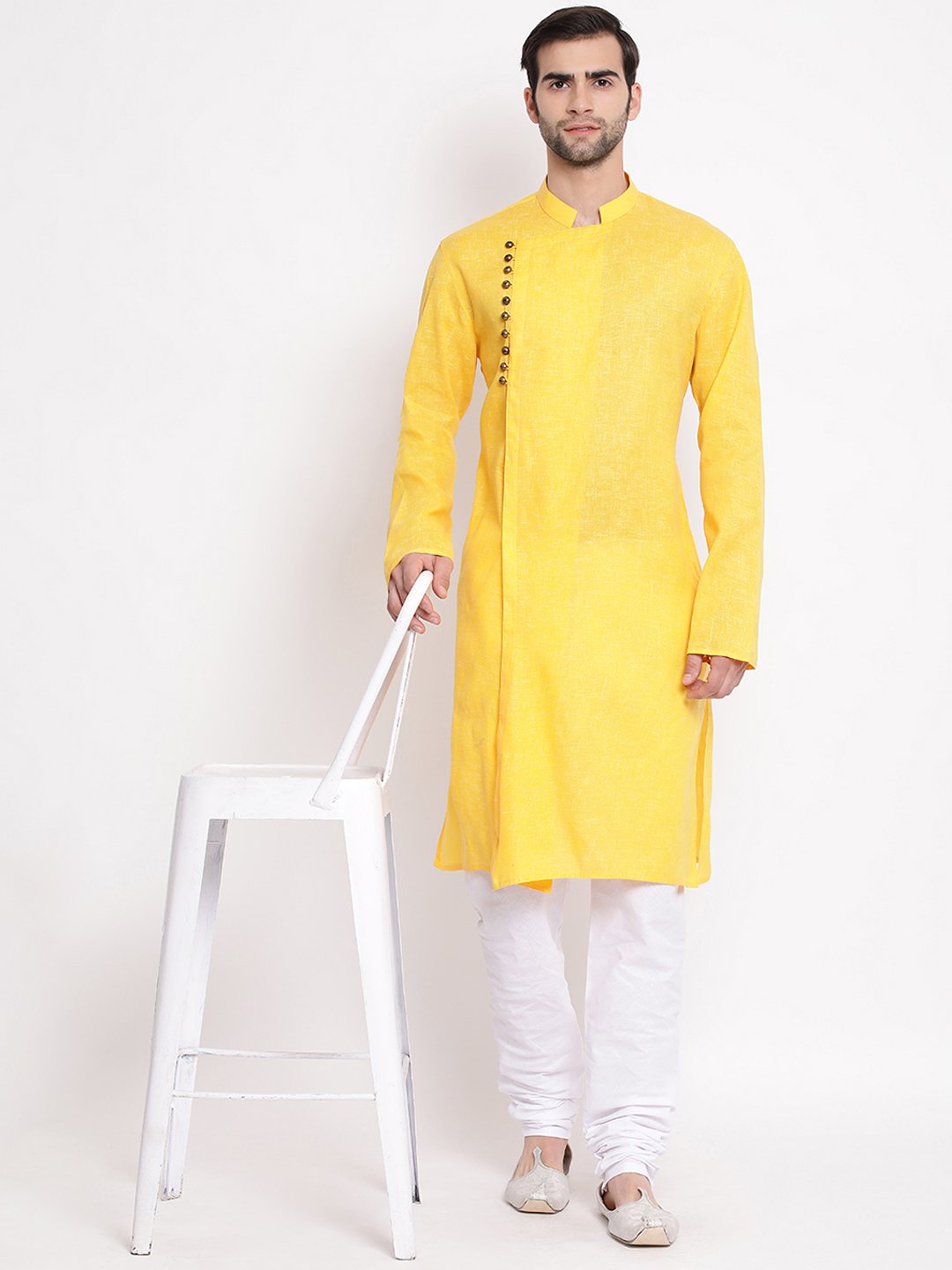 Vastramay Men's Yellow Mix Cotton Kurta