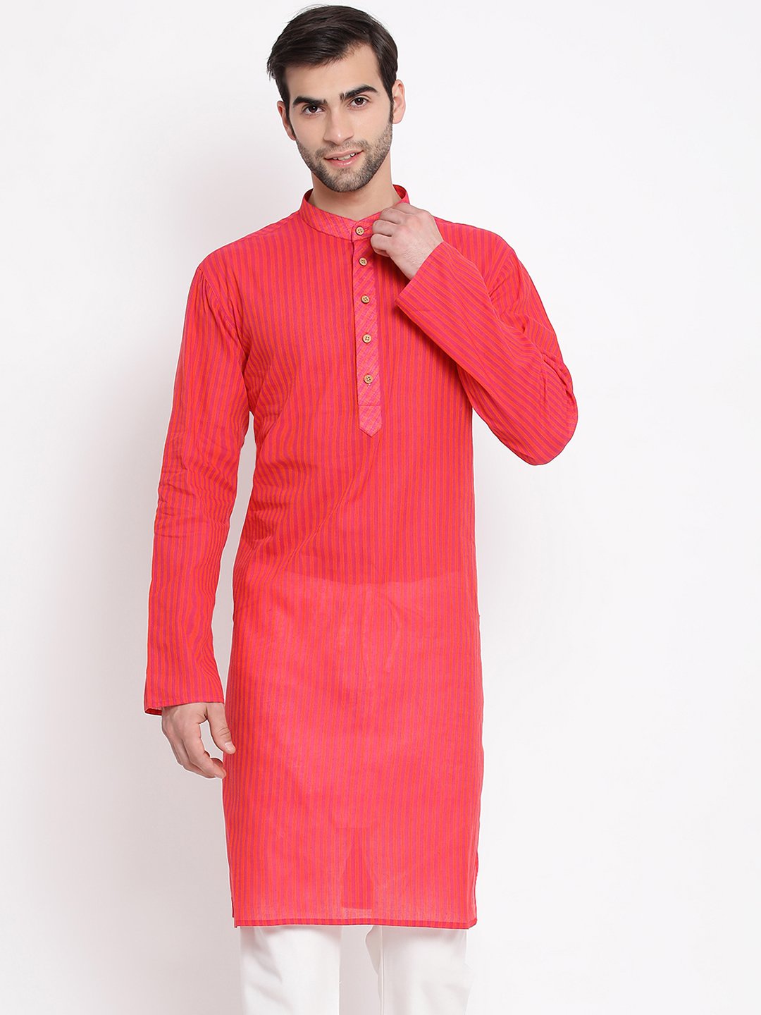 Vastramay Men's Pink Pure Cotton Kurta