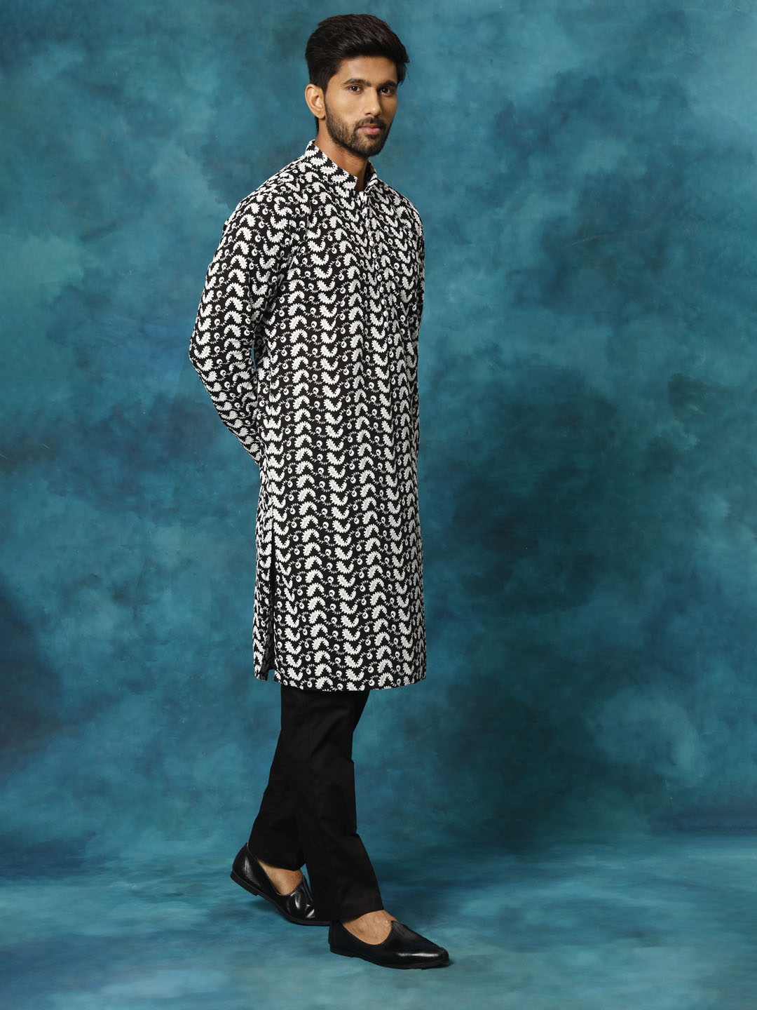 VASTRAMAY Men's Black Pure Cotton Chikankari Kurta Pyjama Set