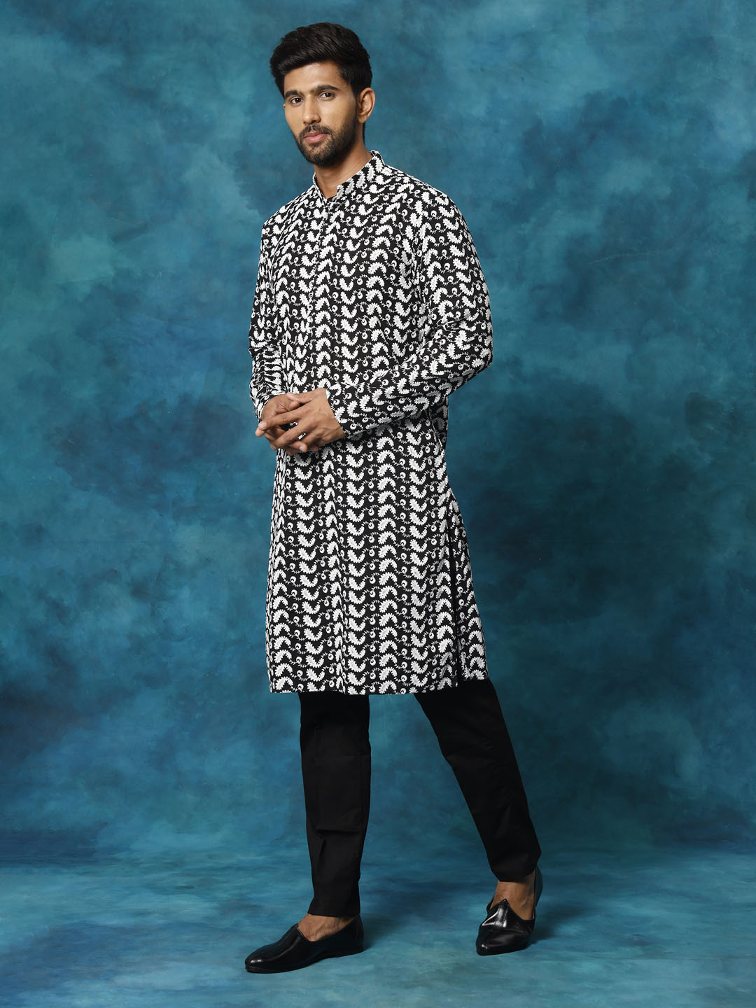 VASTRAMAY Men's Black Pure Cotton Chikankari Kurta Pyjama Set