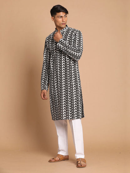 Vastramay mens black color chickankari kurta with white cotton pant style pyjama set