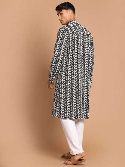 Vastramay mens black color chickankari kurta with white cotton pant style pyjama set