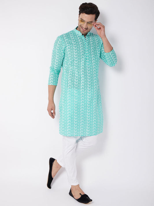 Vastramay Men's Green Pure Cotton Chikankari Kurta With Pant Set