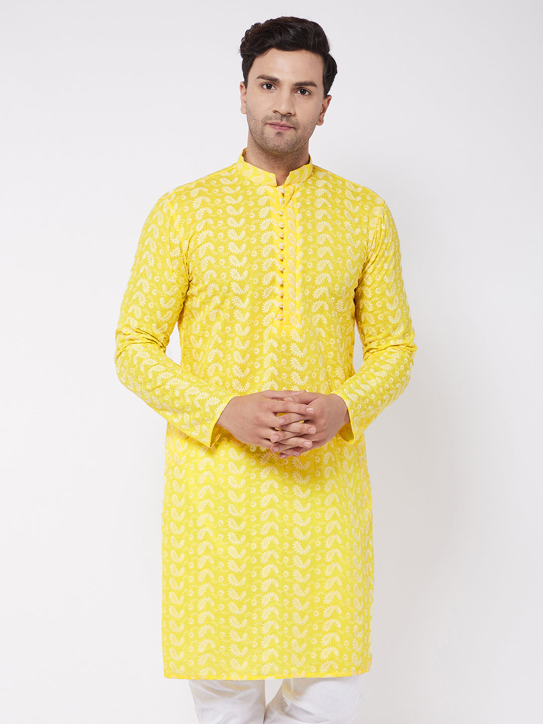 Vastramay Men's Mustard Pure Cotton Chikankari Kurta