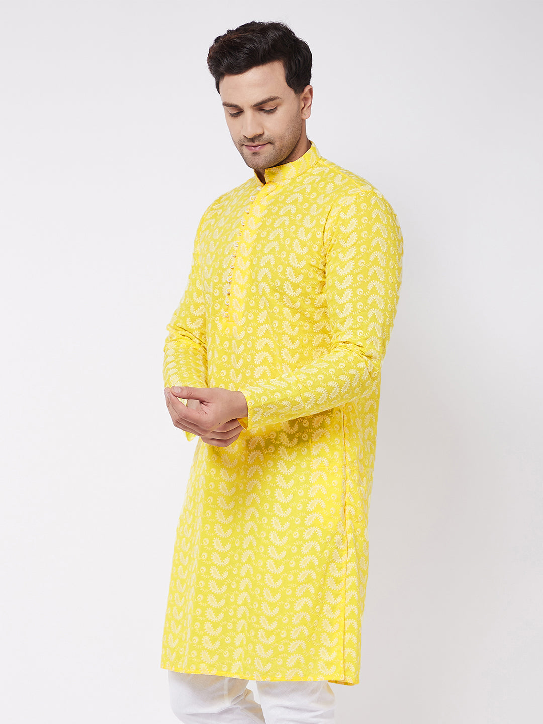 Vastramay Men's Mustard Pure Cotton Chikankari Kurta