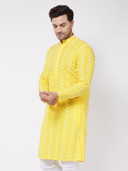 Vastramay Men's Mustard Pure Cotton Chikankari Kurta