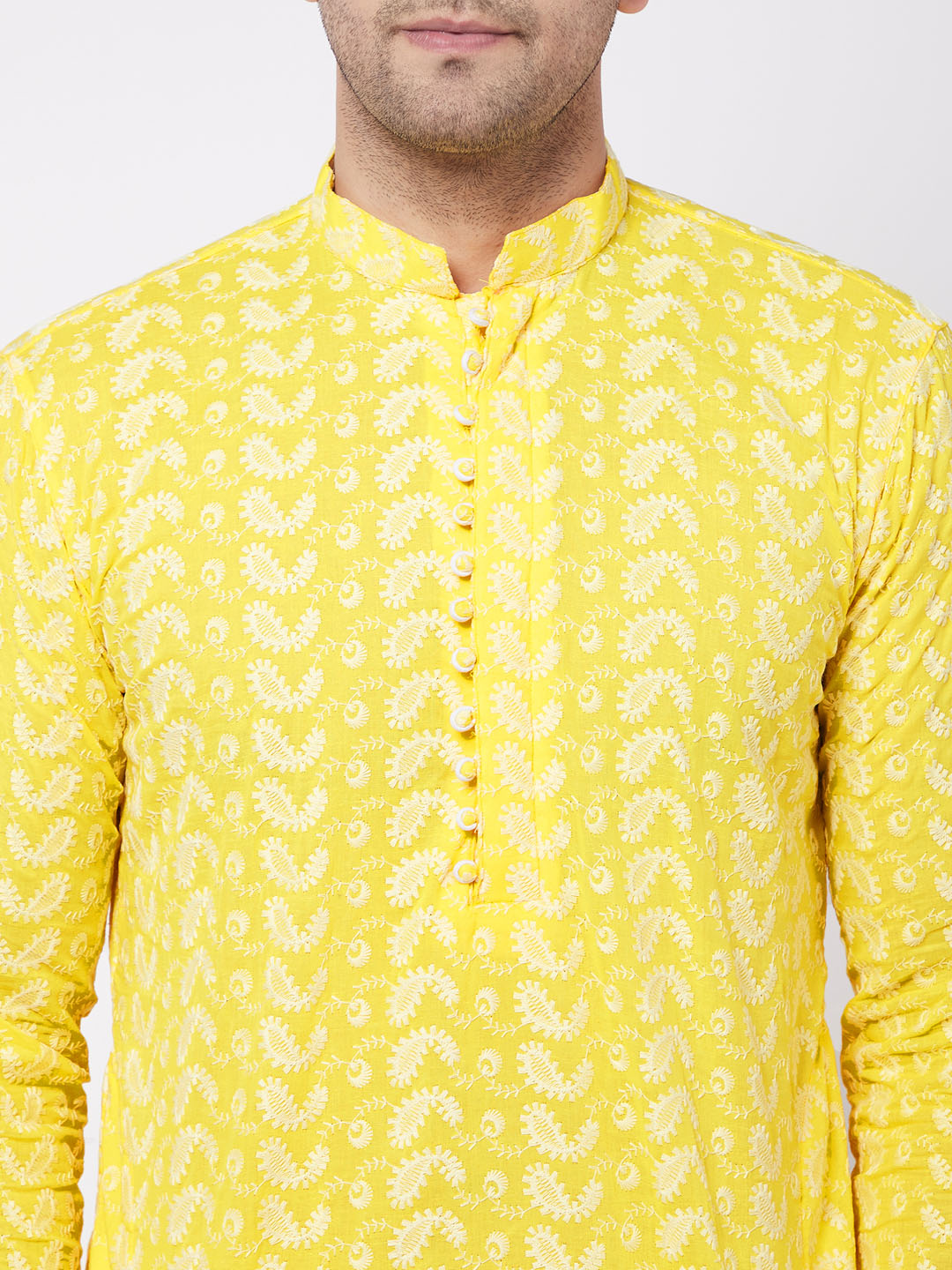 Vastramay Men's Mustard Pure Cotton Chikankari Kurta