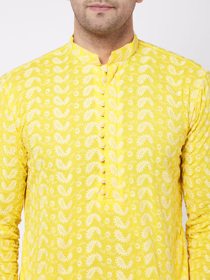 Vastramay Men's Mustard Pure Cotton Chikankari Kurta