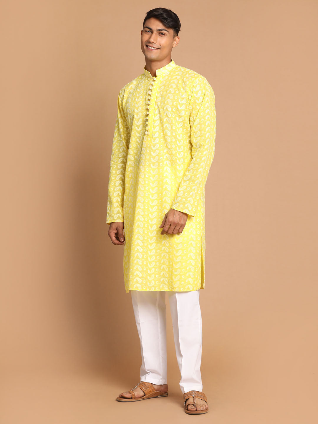 Vastramay mens mustard color chickankari kurta with white color cotton pant set