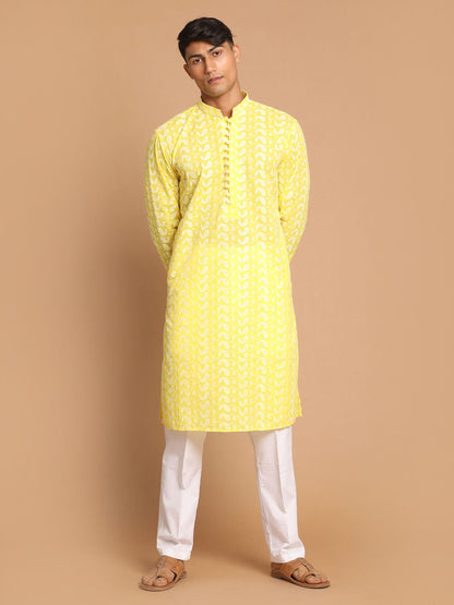 vastramay mens mustard chickankari kurta with white cotton pant set