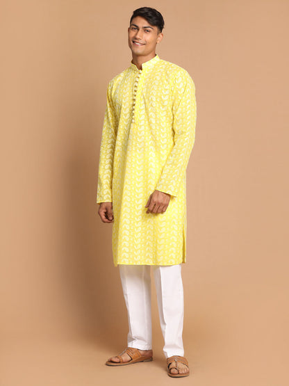 vastramay mens mustard chickankari kurta with white cotton pant set