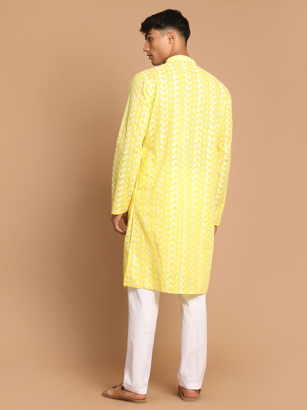 vastramay mens mustard chickankari kurta with white cotton pant set