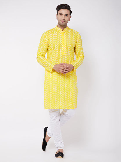 Vastramay Men's Mustard Pure Cotton Chikankari Kurta Pyjama Set