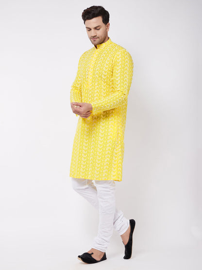 Vastramay Men's Mustard Pure Cotton Chikankari Kurta Pyjama Set