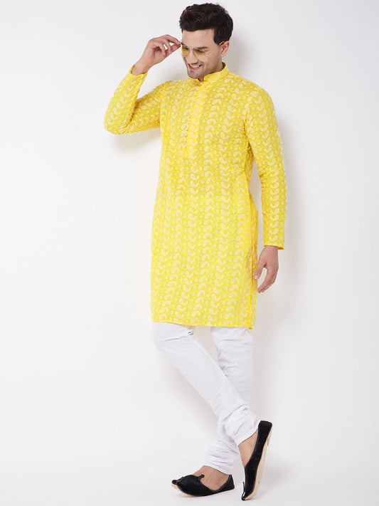 Vastramay Men's Mustard Pure Cotton Chikankari Kurta Pyjama Set