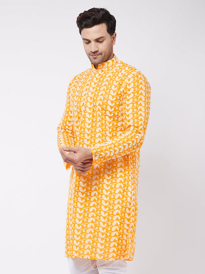 Vastramay Men's Orange Pure Cotton Chikankari Kurta