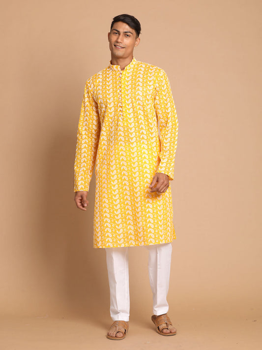 vastramay mens orange and white chikankari kurta with cotton pant style pyjama set