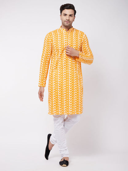 Vastramay Men's Orange Pure Cotton Chikankari Kurta Pyjama Set