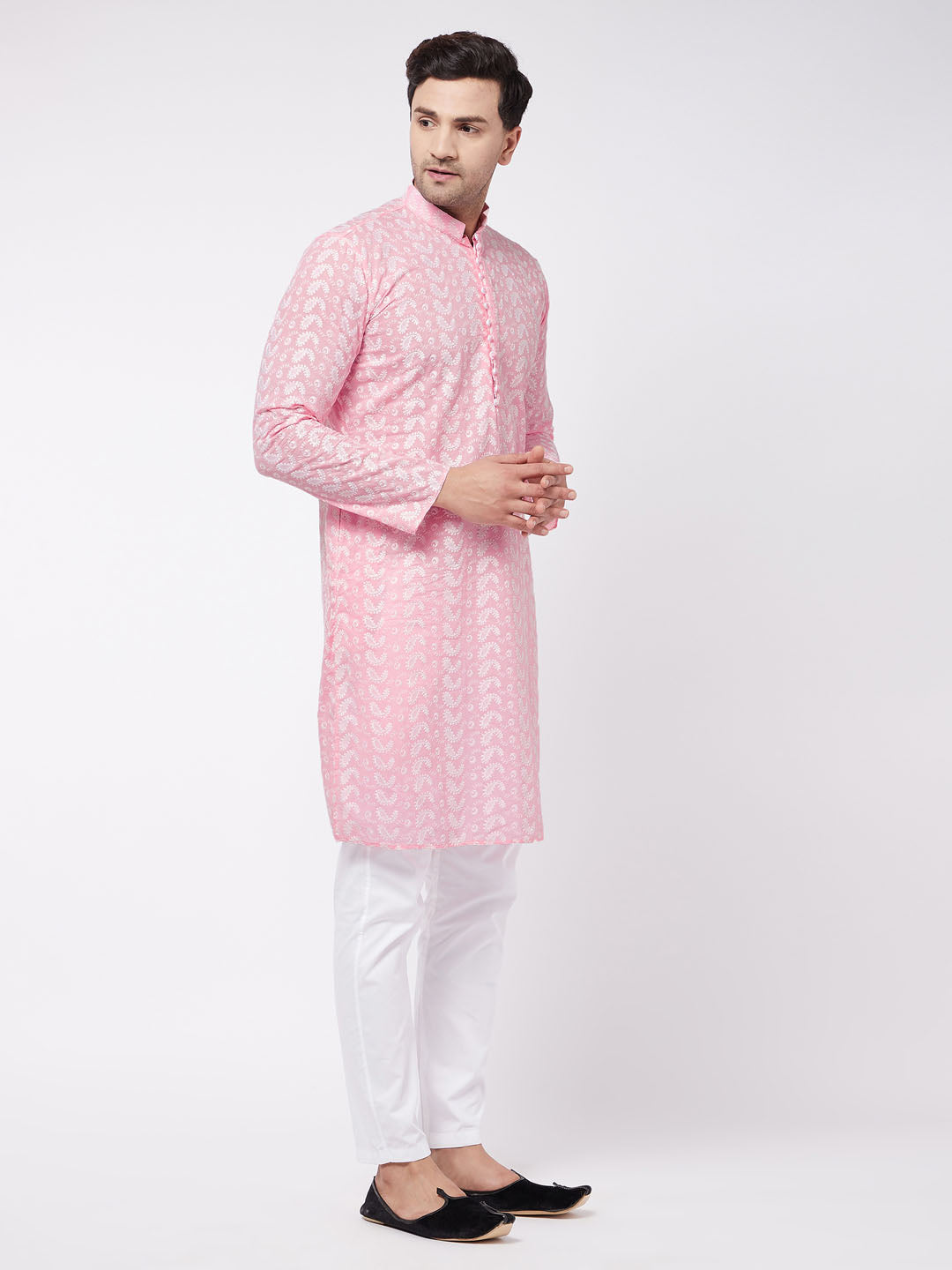 Vastramay Men's Pink Pure Cotton Chikankari Kurta With Pant Set