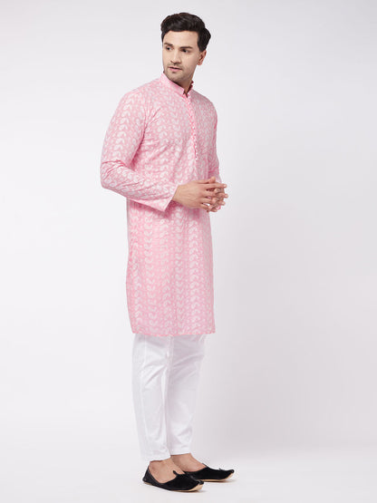 Vastramay Men's Pink Pure Cotton Chikankari Kurta With Pant Set