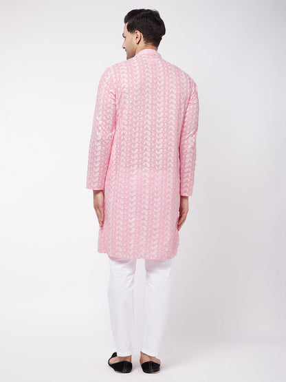 Vastramay Men's Pink Pure Cotton Chikankari Kurta With Pant Set