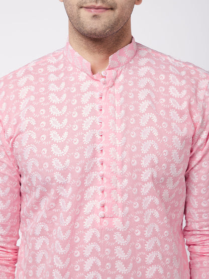 Vastramay Men's Pink Pure Cotton Chikankari Kurta With Pant Set