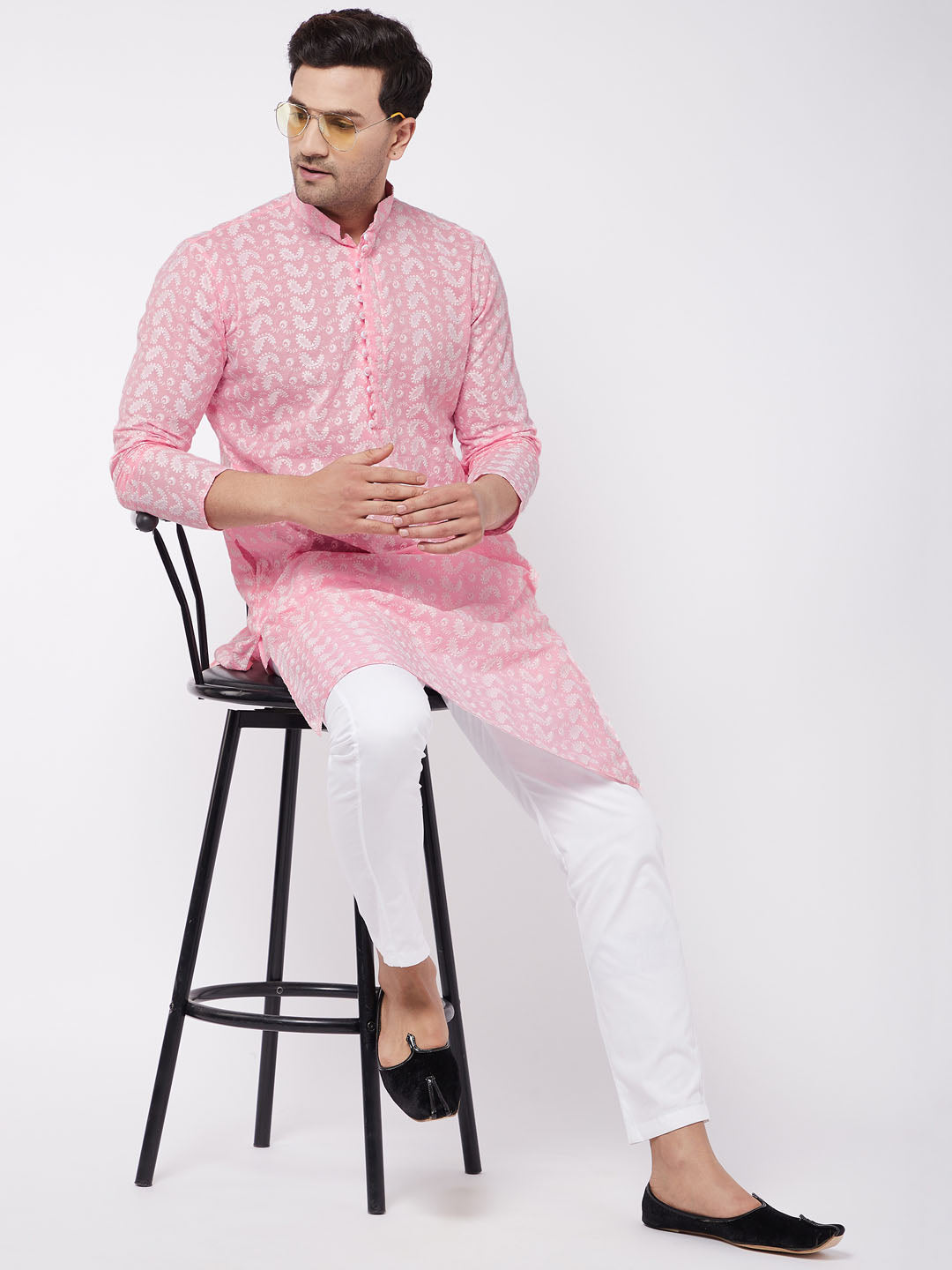 Vastramay Men's Pink Pure Cotton Chikankari Kurta With Pant Set