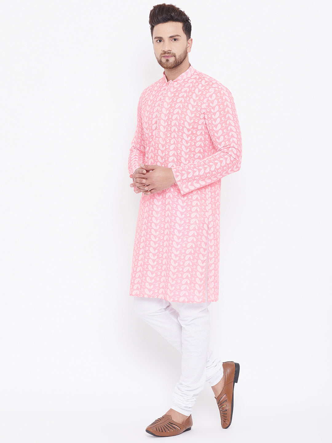 Vastramay Pink Pure Cotton Kurta Chikankari Pyjama Baap Beta Set