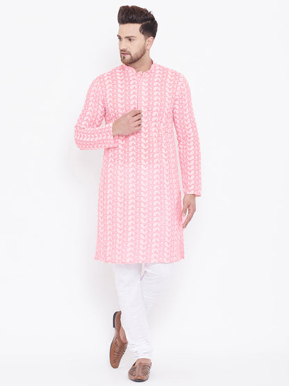 Vastramay Pink Pure Cotton Kurta Chikankari Pyjama Baap Beta Set