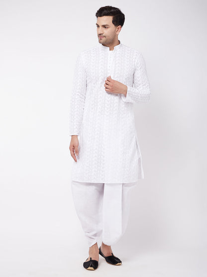 Vastramay Men's White Pure Cotton Chikankari Kurta With Dhoti Set