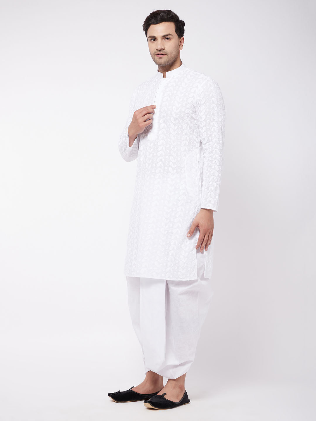 Vastramay Men's White Pure Cotton Chikankari Kurta With Dhoti Set