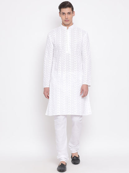 Vastramay White Pure Cotton Chikankari Kurta Pyjama Baap Beta Set