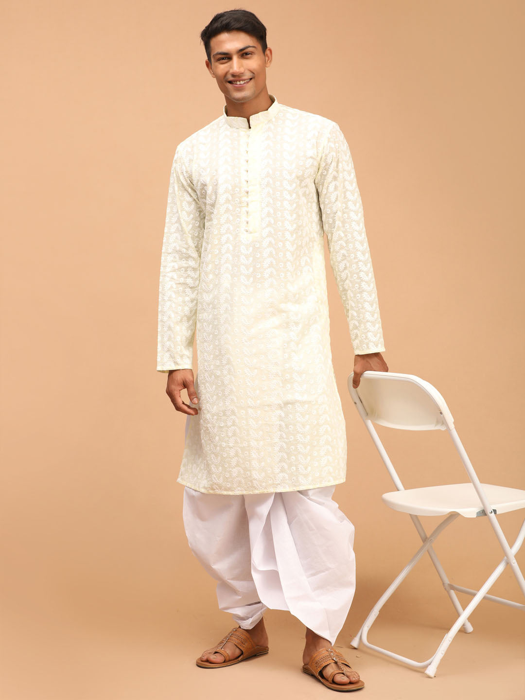 Vastramay mens yellow chikankari kurta and white dhoti set